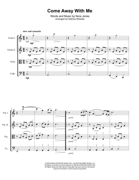 Come Away With Me For String Quartet Sheet Music