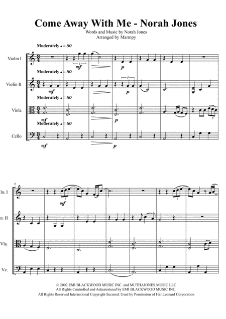 Free Sheet Music Come Away With Me Norah Jones Arranged For String Quartet