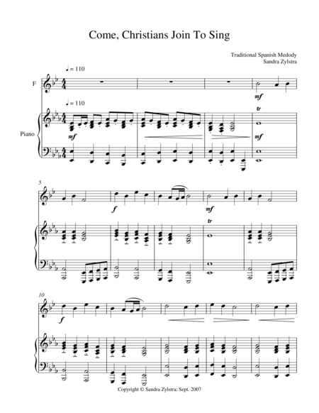 Free Sheet Music Come Christians Join To Sing Treble F Instrument Solo