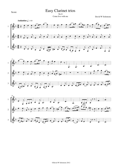 Free Sheet Music Come Live With Me For Clarinet Trio