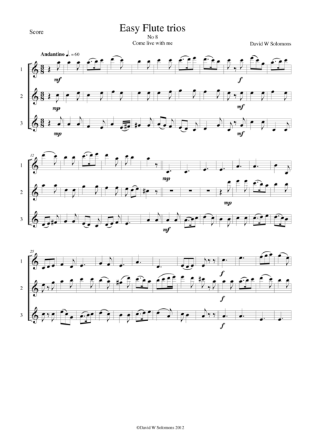 Free Sheet Music Come Live With Me For Flute Trio