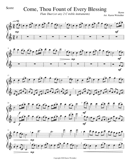 Come Thou Fount Of Every Blessing Flute Duet Sheet Music