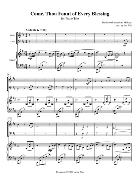 Free Sheet Music Come Thou Fount Of Every Blessing For Piano Trio