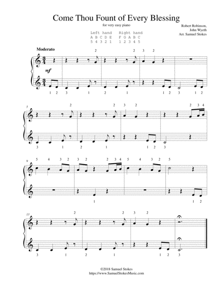 Come Thou Fount Of Every Blessing For Very Easy Piano Sheet Music