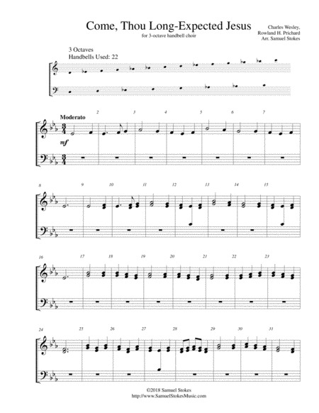 Free Sheet Music Come Thou Long Expected Jesus For 3 Octave Handbell Choir