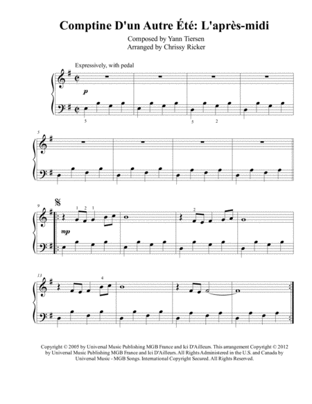 Comptine D Un Autret L Aprs Midi Easy Piano Sheet Music