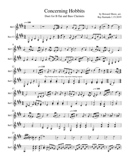 Concerning Hobbits As A Duet For B Flat And Bass Clarinets Sheet Music