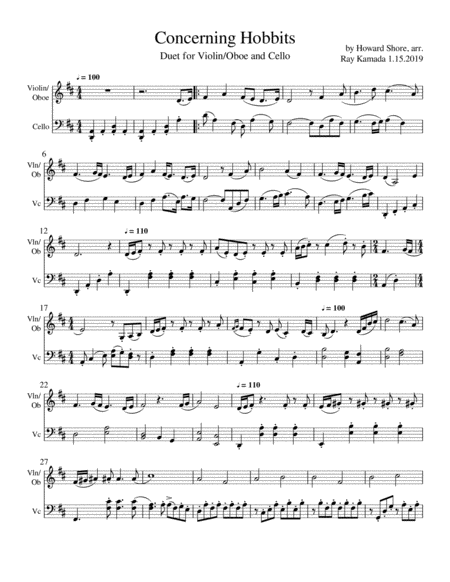 Concerning Hobbits Duet For Violin Or Oboe Or Viola And Cello Sheet Music