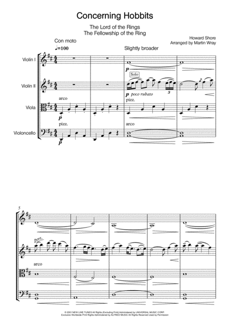 Concerning Hobbits String Quartet Sheet Music