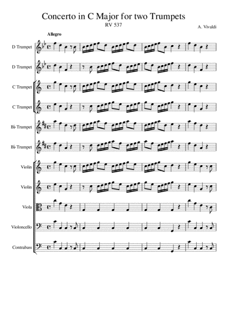 Free Sheet Music Concerto For Two Trumpets In C Major Rv537 Antonio Vivaldi Score And Parts Trumpets In Bb C And D