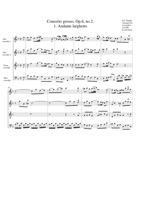 Free Sheet Music Concerto Grosso Op 6 No 2 Arrangement For 4 Recorders