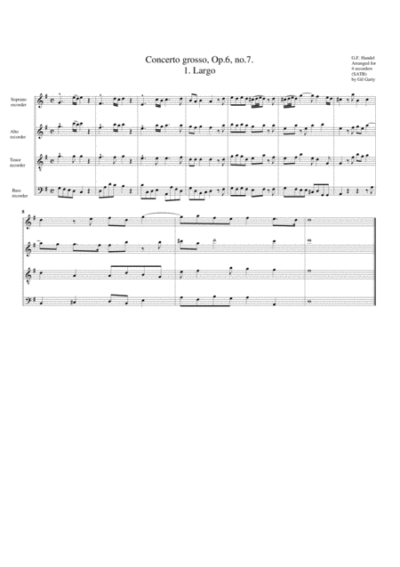 Concerto Grosso Op 6 No 7 Arrangement For 4 Recorders Sheet Music