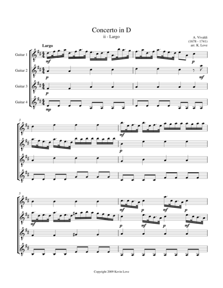 Concerto In D Ii Largo Guitar Quartet Score And Parts Sheet Music