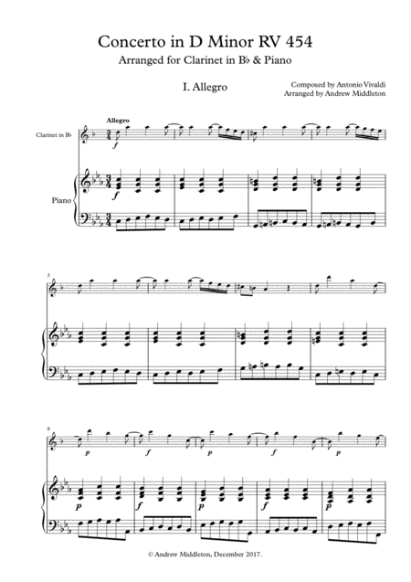 Concerto In D Minor Rv 454 For Clarinet And Piano Sheet Music