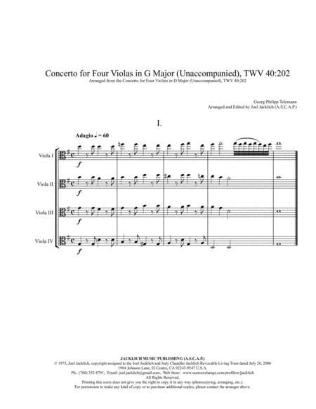 Concerto No 2 In G Major For Four Violas Unaccompanied Twv40 202 Sheet Music