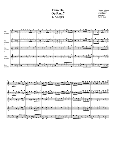 Free Sheet Music Concerto Op 5 No 7 Arrangement For 5 Recorders