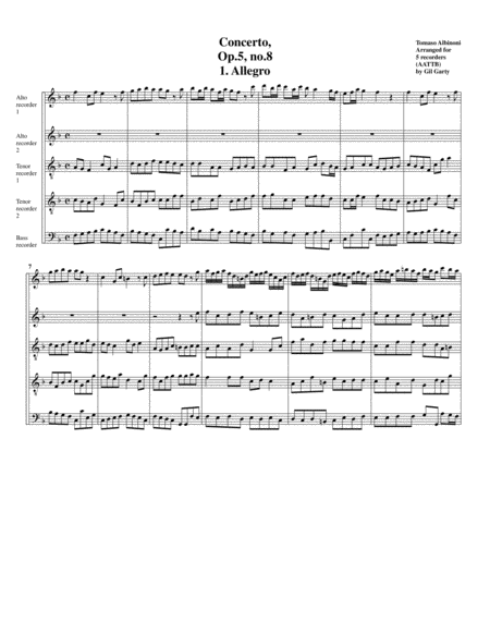 Free Sheet Music Concerto Op 5 No 8 Arrangement For 5 Recorders