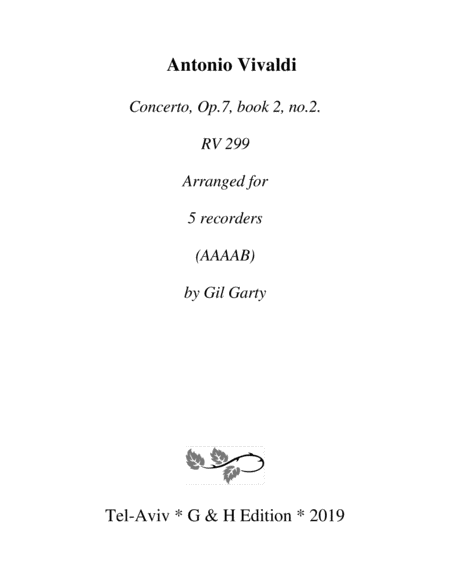 Concerto Op 7 Book 2 No 2 Rv 299 Arrangement For 5 Recorders Sheet Music