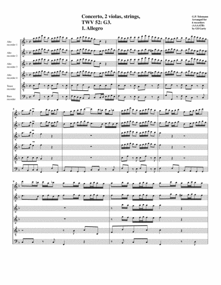 Concerto Twv 52 G 3 Arrangement For 6 Recorders Sheet Music