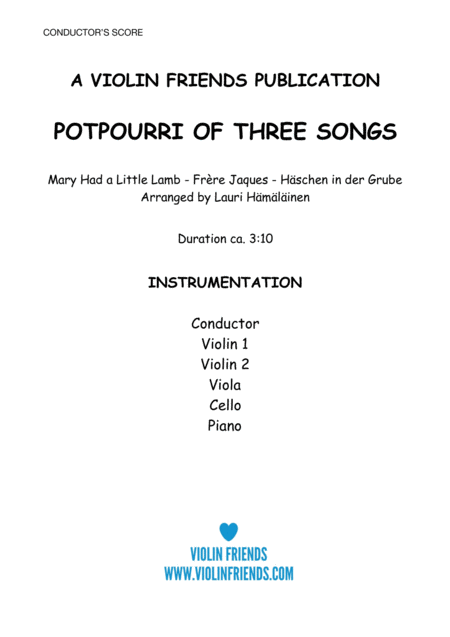 Conductors Score For Potpourri Of Three Songs Arranged For Junior String Orchestra With Piano Accompaniment Sheet Music