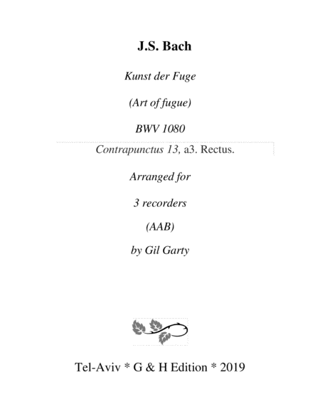 Contrapunctus 13 Rectus From Art Of Fugue Bwv 1080 Arrangement For Recorders Sheet Music