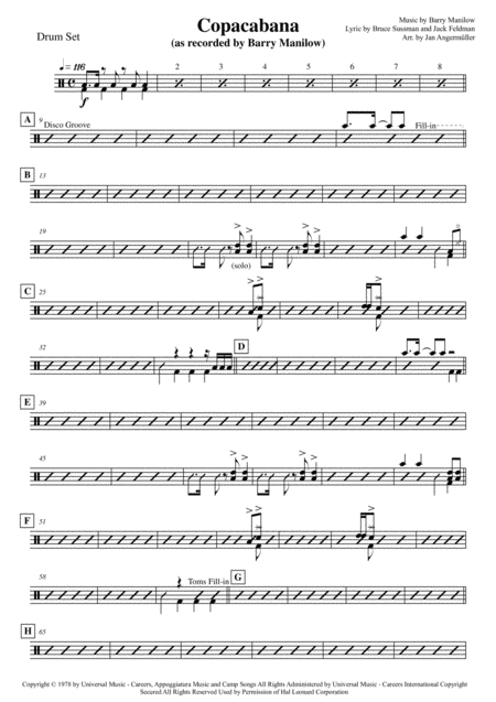 Copacabana At The Copa Drum Set Transcription Of The Original Barry Manilow Recording Sheet Music