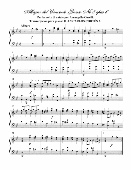 Free Sheet Music Corelli Allegro Concerto Per Notte Natale Para Piano Solo