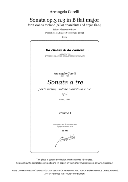 Corelli Sonata Op 3 N 3 In B Flat Major Sheet Music