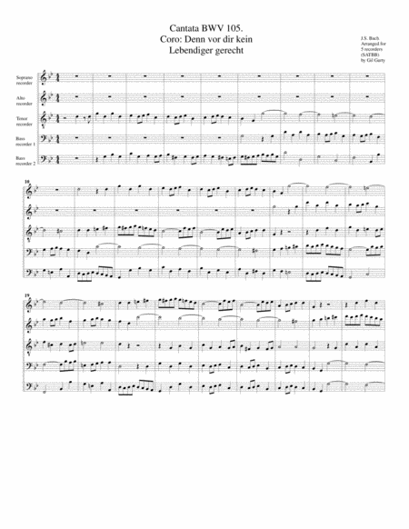 Coro Denn Vor Dir Wird Kein Lebendiger Gerecht From Cantata Bwv 105 Arrangement For 5 Recorders Sheet Music