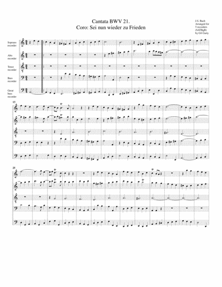 Free Sheet Music Coro Sei Nun Wieder Zu Frieden From Cantata Bwv 21 Arrangement For 5 Recorders