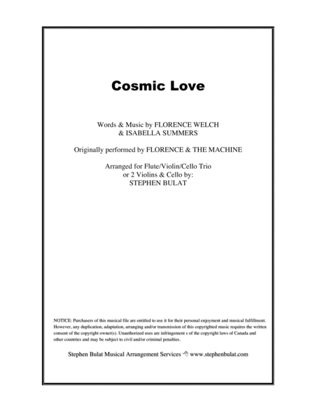 Cosmic Love Florence The Machine Arranged For Flute Violin Cello Trio Or String Trio Sheet Music