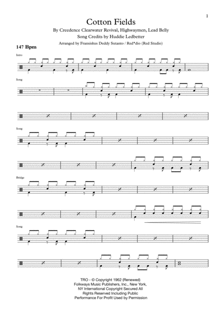 Free Sheet Music Cotton Fields The Cotton Song By Creedence Clearwater Revival Highwaymen Led Belly Ccr Drum Score