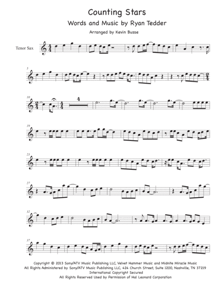 Free Sheet Music Counting Stars Easy Key Of C Tenor Sax