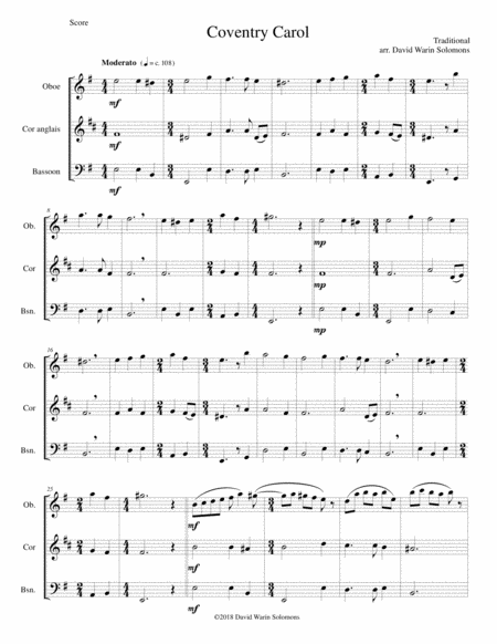 Coventry Carol For Double Reed Trio Oboe Cor Anglais Bassoon Sheet Music