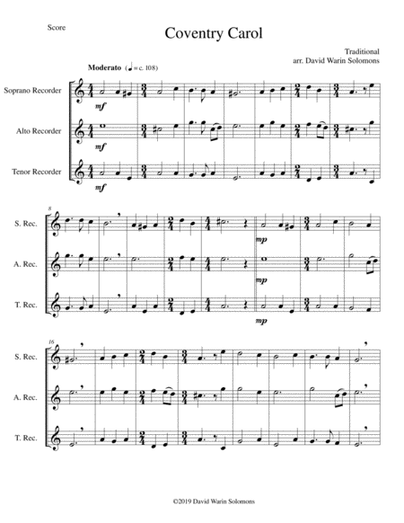 Coventry Carol For Recorder Trio Soprano Alto Tenor Sheet Music