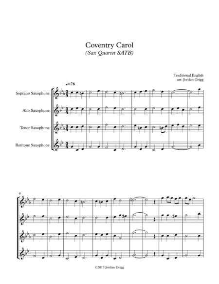 Coventry Carol Sax Quartet Satb Sheet Music