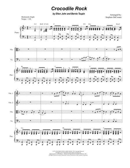 Free Sheet Music Crocodile Rock For String Quartet And Piano