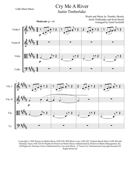 Cry Me A River String Quartet Sheet Music