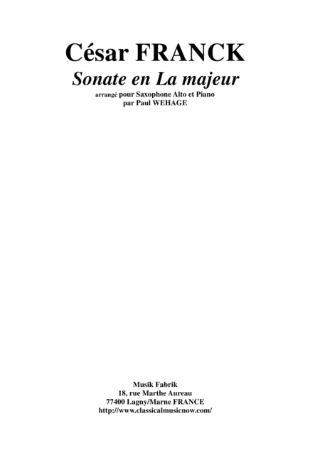 Csar Franck Sonata In A Major Arranged For Alto Saxophone And Piano Sheet Music