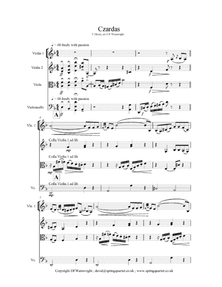 Czardas By V Monti Arranged For String Quartet With Score Parts Rehearsal Letters And Mp3 Sheet Music