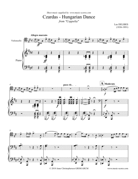 Free Sheet Music Czardas Hungarian Dance From Coppelia Cello And Piano