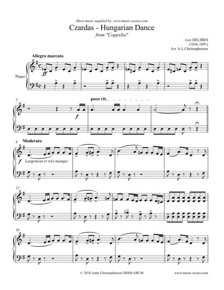 Czardas Hungarian Dance From Coppelia Intermediate Piano Sheet Music