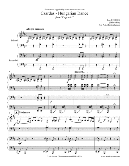 Czardas Hungarian Dance From Coppelia Piano Duet Sheet Music