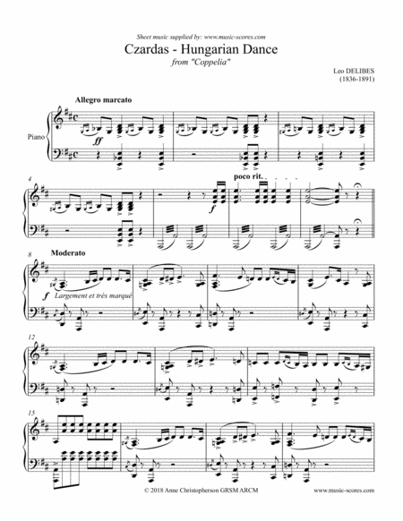 Czardas Hungarian Dance From Coppelia Piano Sheet Music