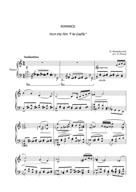 D Shostakovich Romance From The Film The Gadfly For Piano Sheet Music