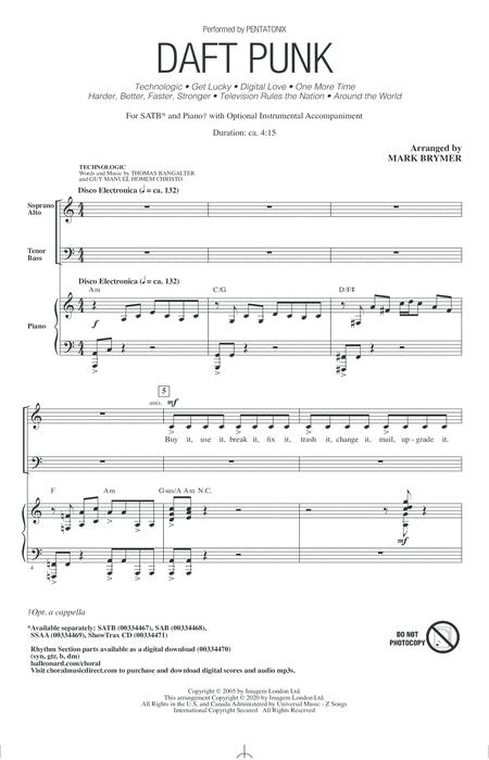 Daft Punk Choral Medley Arr Mark Brymer Sheet Music