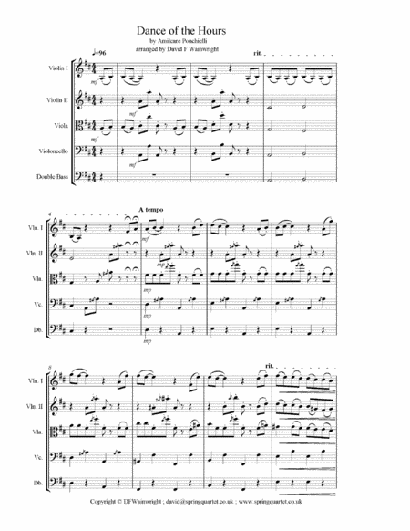 Free Sheet Music Dance Of The Hours By Ponchielli Arranged For String Quartet With Optional Bass Score Parts Mp3