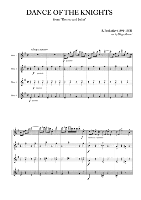 Free Sheet Music Dance Of The Knights From Romeo And Juliet For Flute Quartet