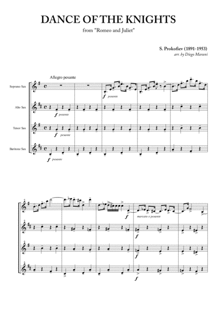 Dance Of The Knights From Romeo And Juliet For Saxophone Quartet Sheet Music