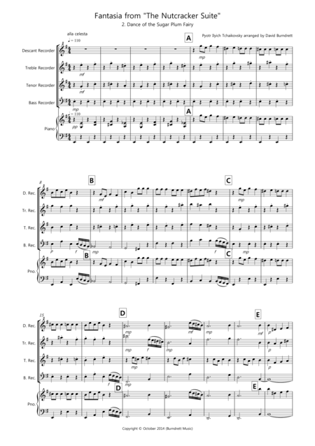 Dance Of The Sugar Plum Fairy Fantasia From Nutcracker For Recorder Quartet Sheet Music